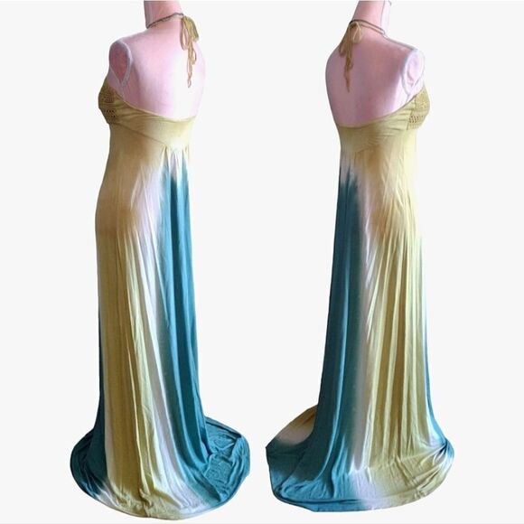 Y2K Yellow Green Tie Dye Viscose Embroidered Halter Maxi Dress Medium - Picture 14 of 16